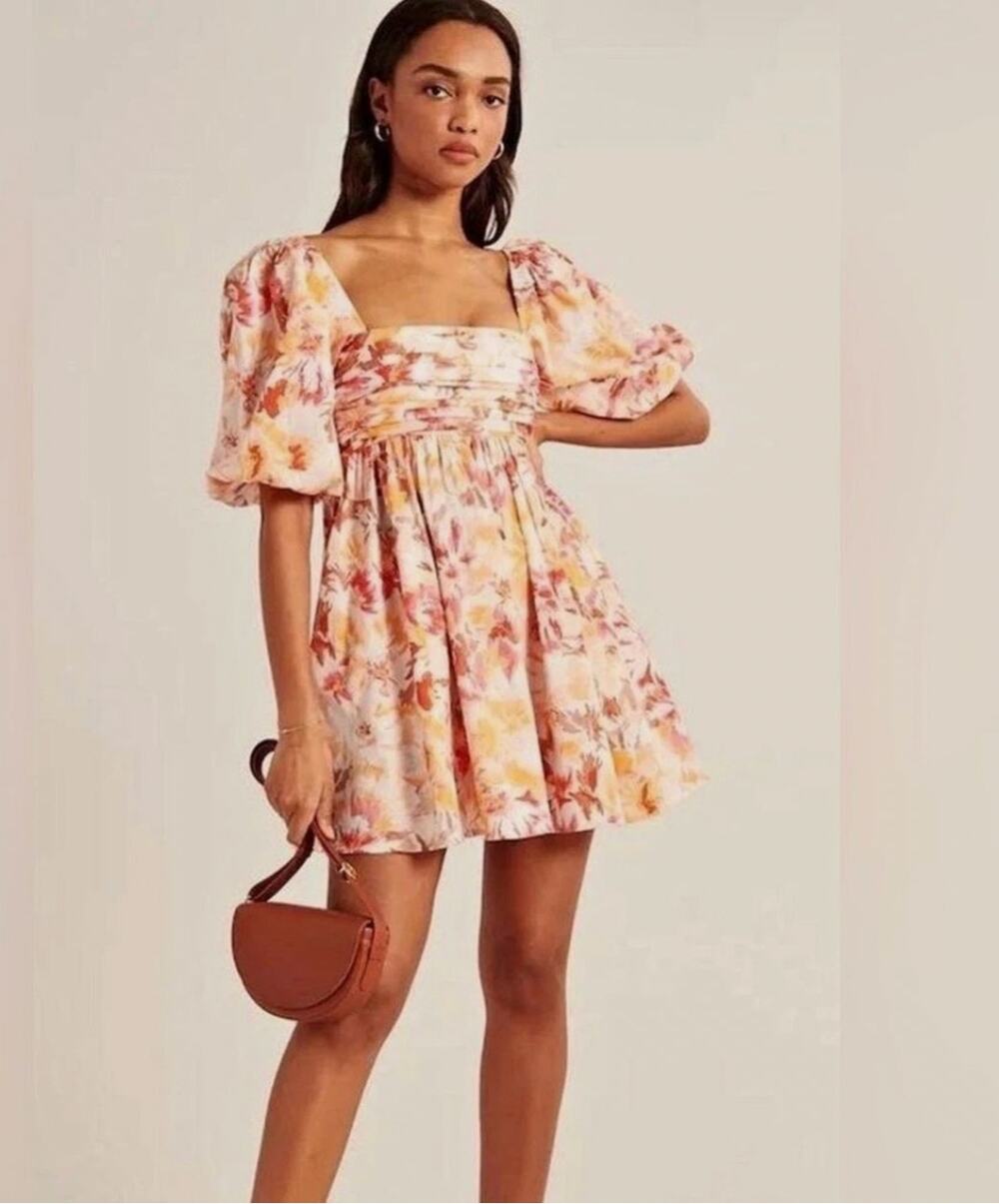 Abercrombie & Fitch Emerson Orange Floral Puff Sleeve Mini Dress Medium